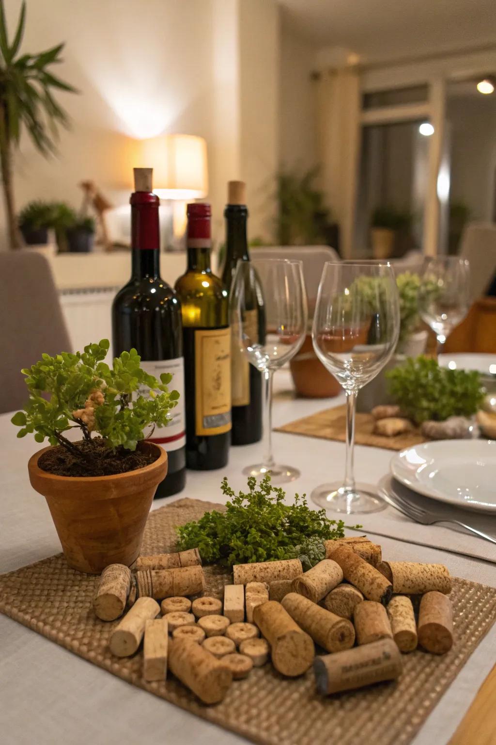 Cork embellishments contribute a playful element to your wine table.