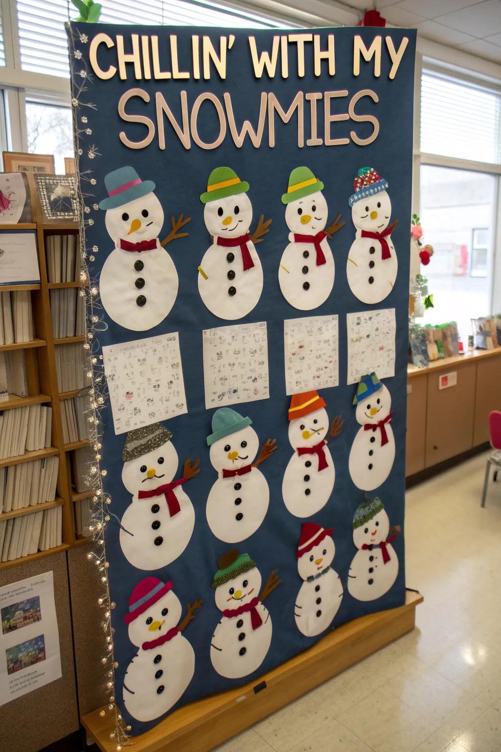 Personalized snow buddies make this board both humorous and affectionate.