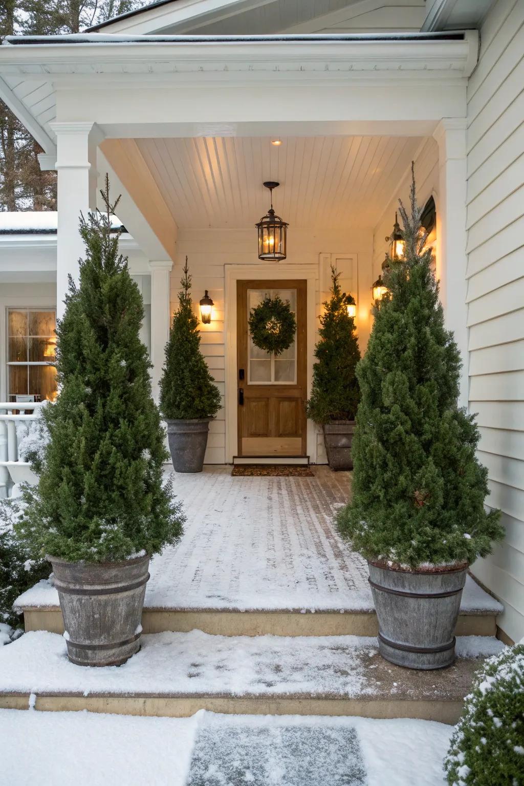 Lush potted evergreen trees enhance this winter porch.