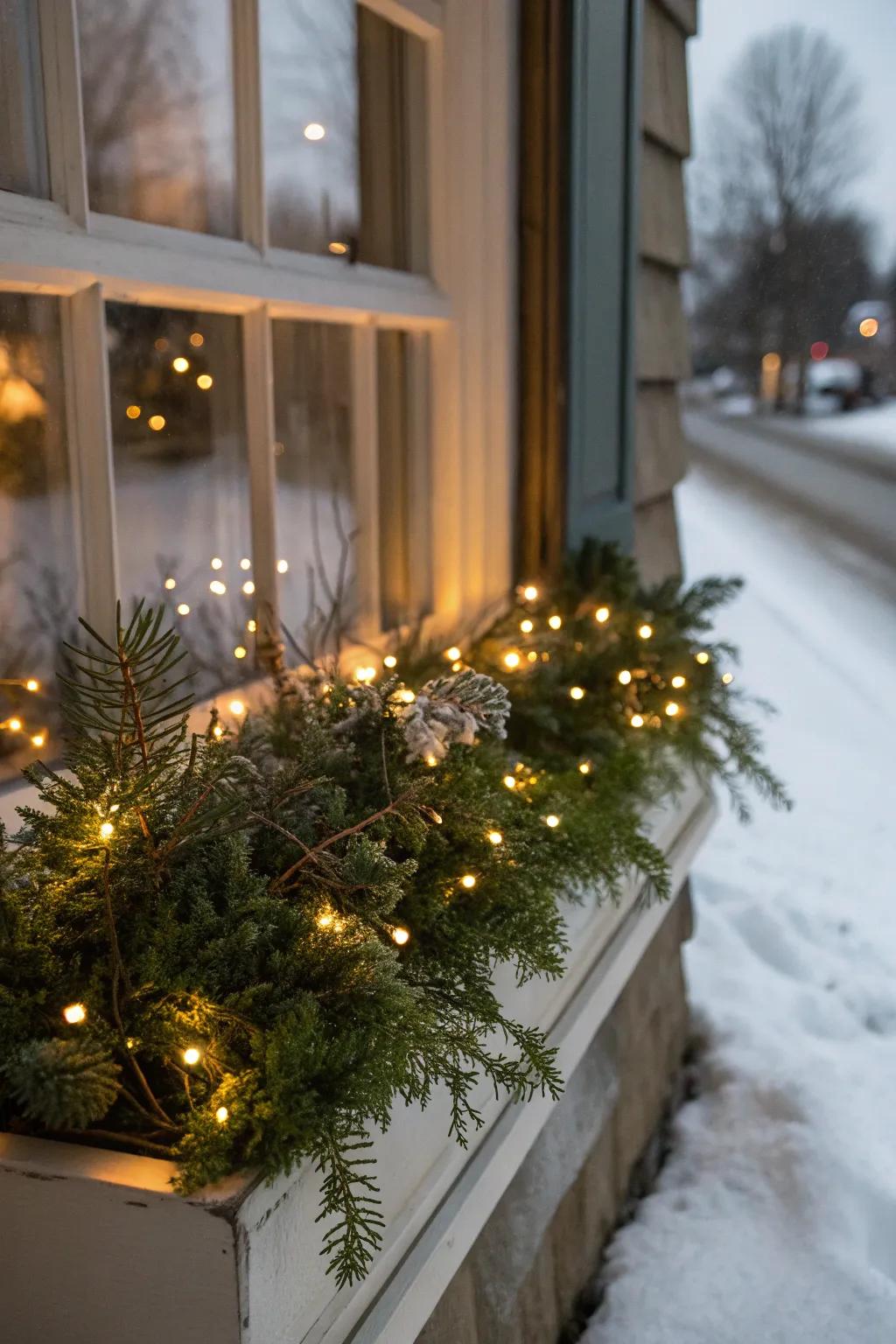 Subtle lights encircling the greenery create an enchanting winter window box.