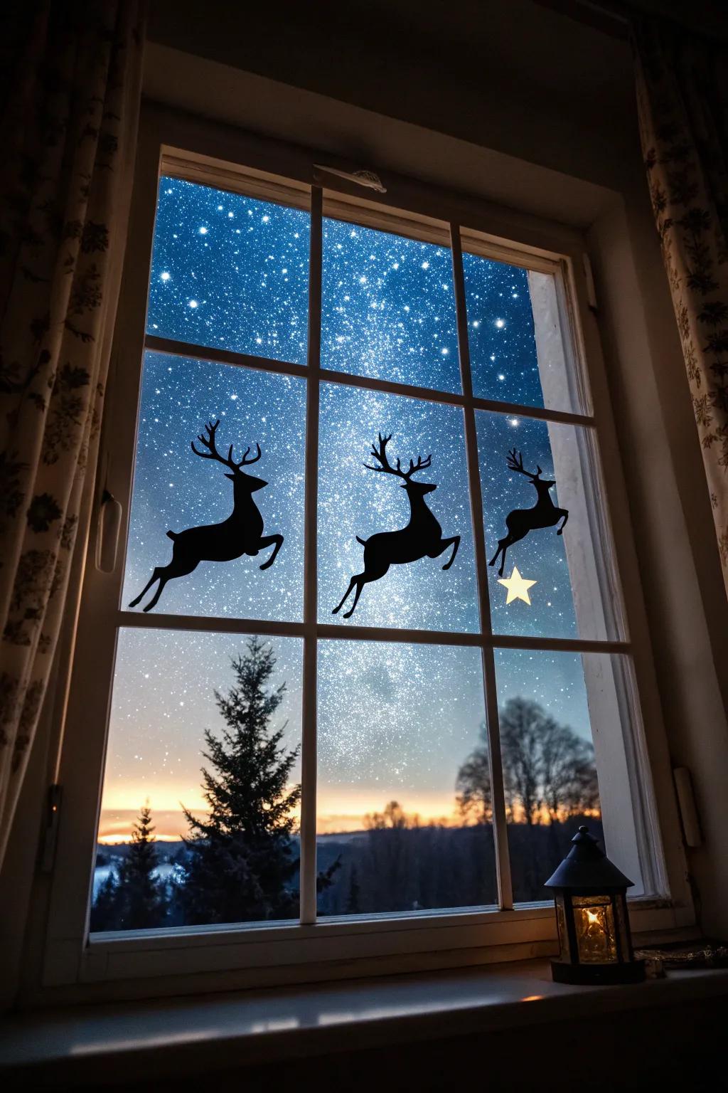 Soaring reindeer evoke the enchantment of Christmas Eve.