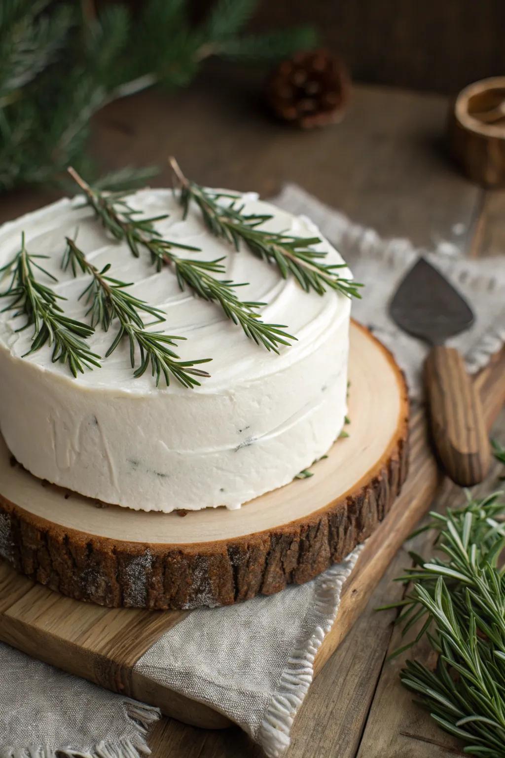 Iced cedars crafted from rosemary sprigs, adorning a winter cake.