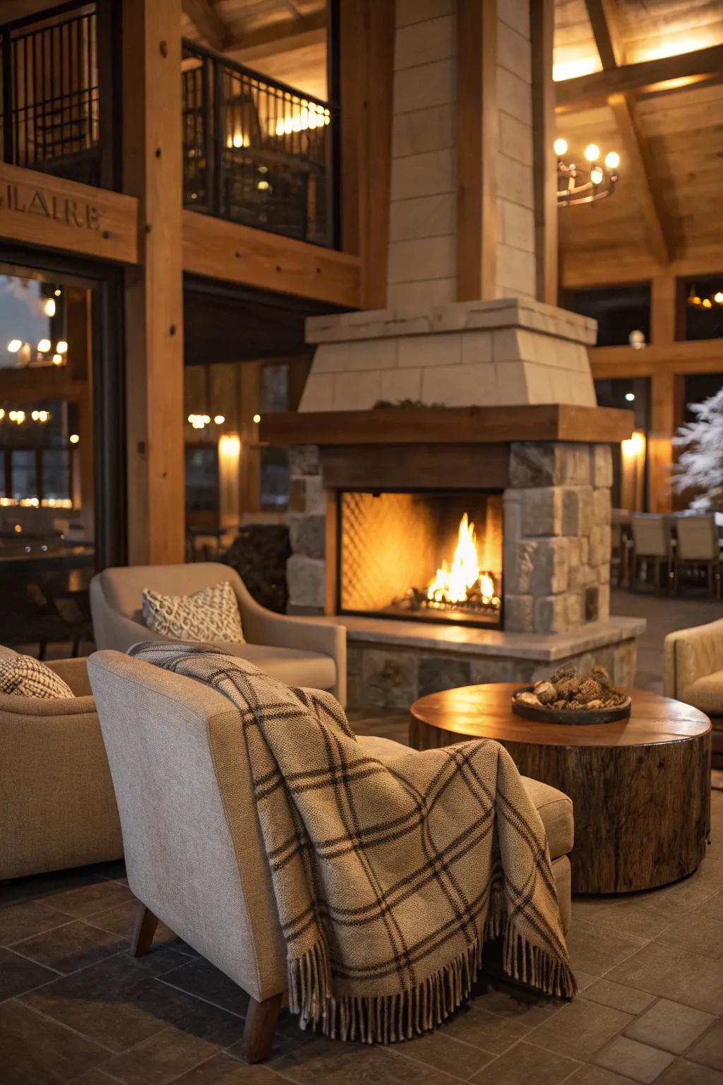 An inviting lounge area for relaxation by the fire.