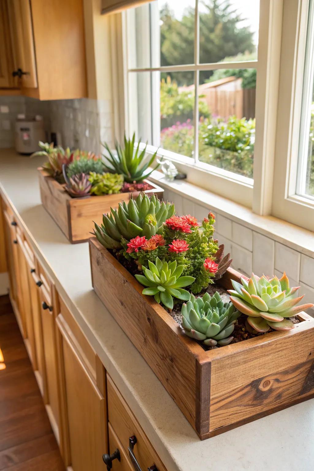 Welcome nature indoors with lovely wooden planters.