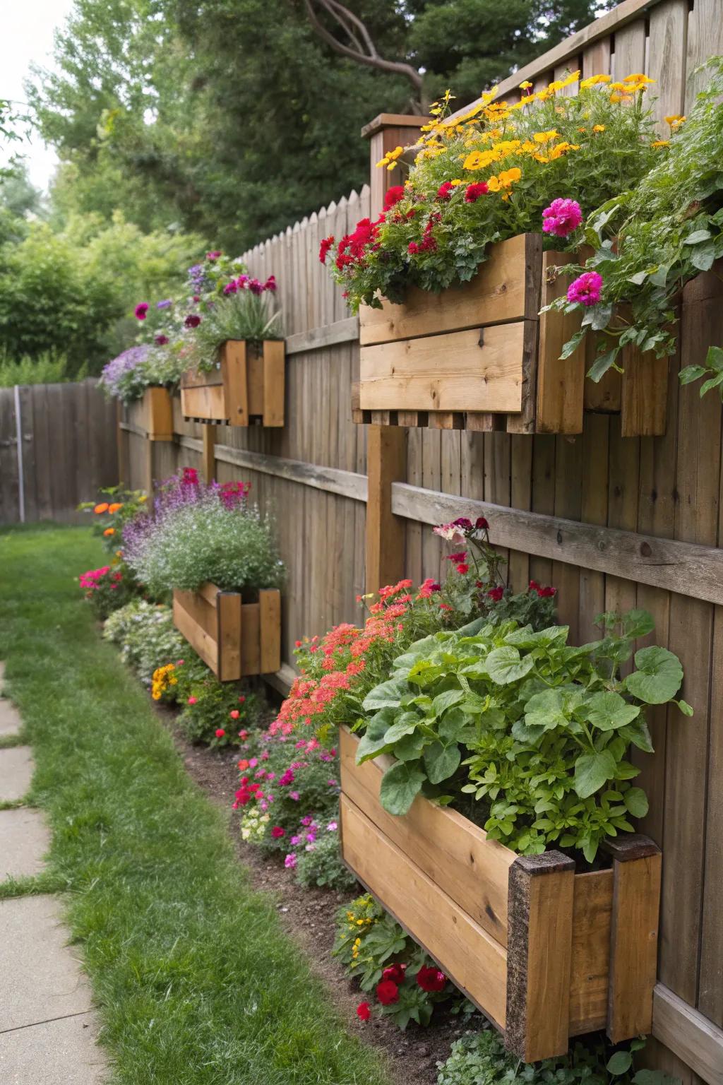 Breathe life into your fences with wooden planters.