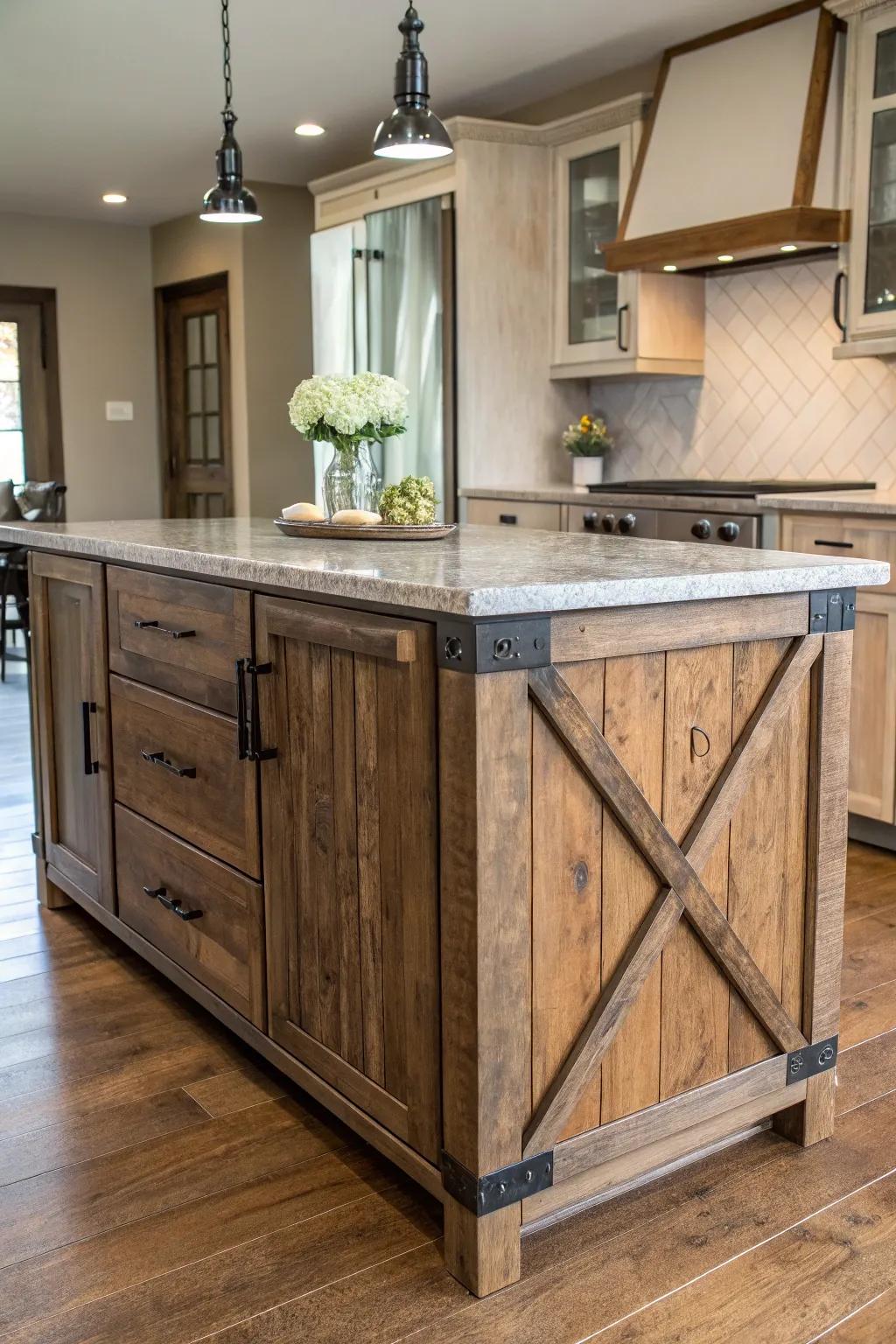 A captivating island that unites wood, metal, and stone for an aesthetic that's both modern and stylish.