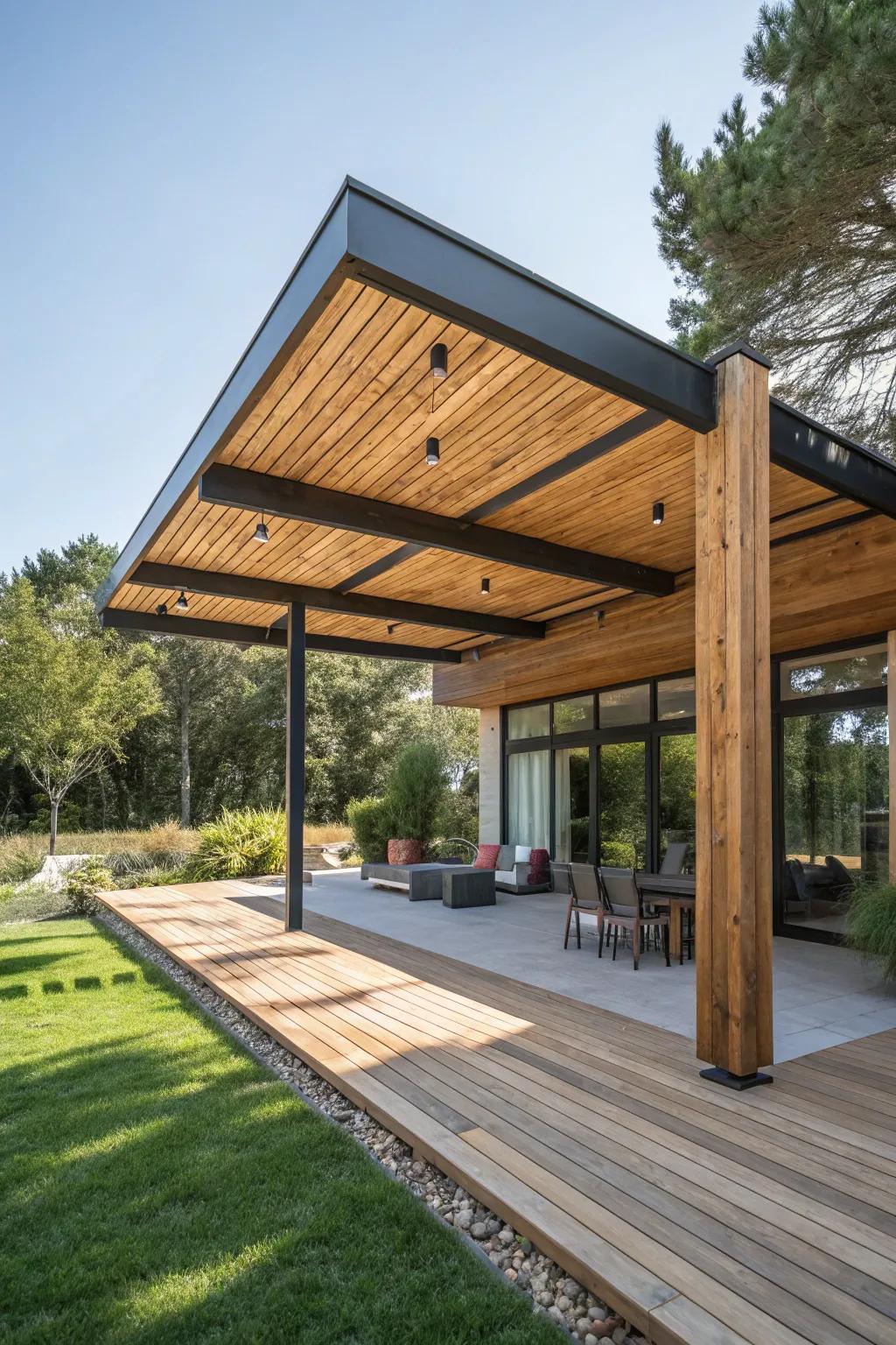 An elegant combination of contemporary and country details in a patio shelter.
