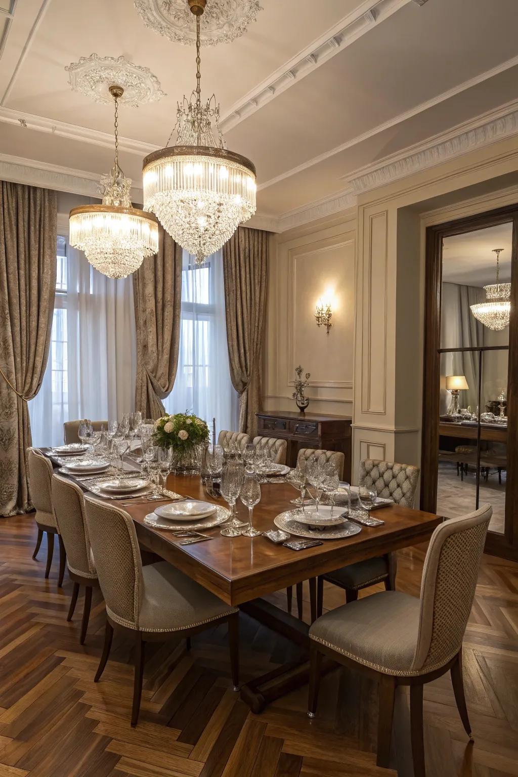 An elegant dining space showcasing the dramatic enhanced angled design wood floor.