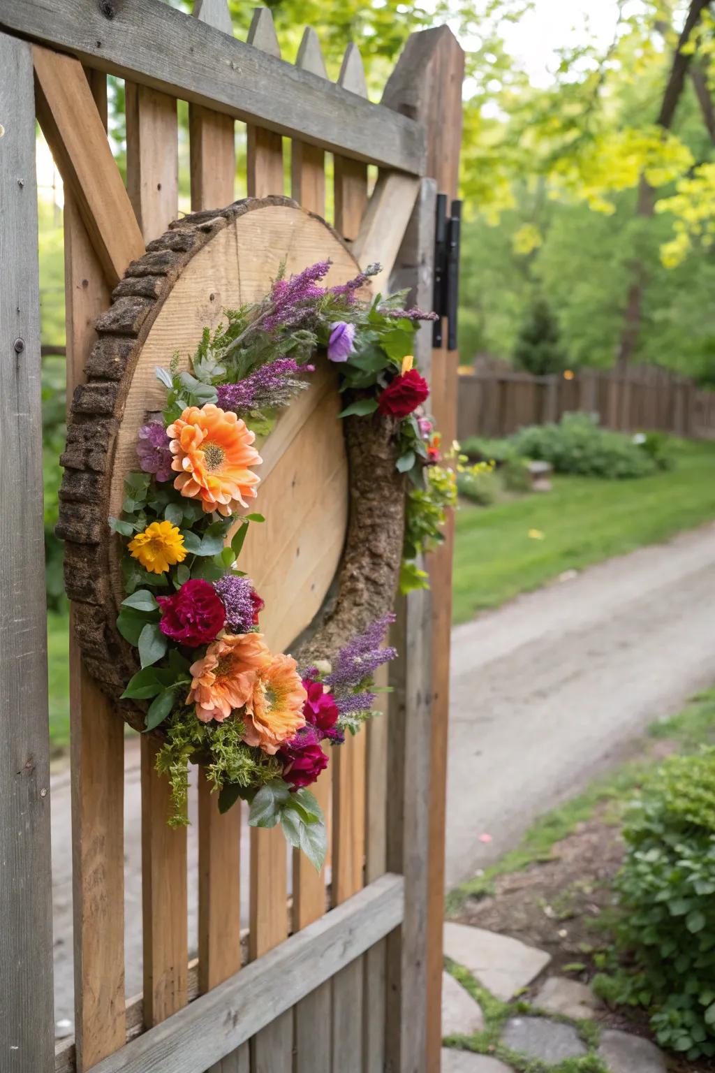 Floral fantasy using wood rounds brings a vibrant touch.