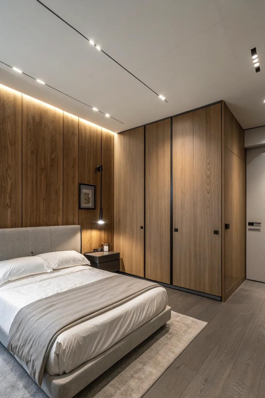 A minimalist bedroom featuring panels in a soft wood tone.