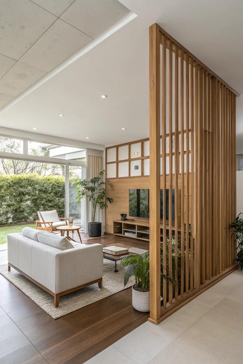 Organic wood shades foster a welcoming and warm feel within this minimalist environment.