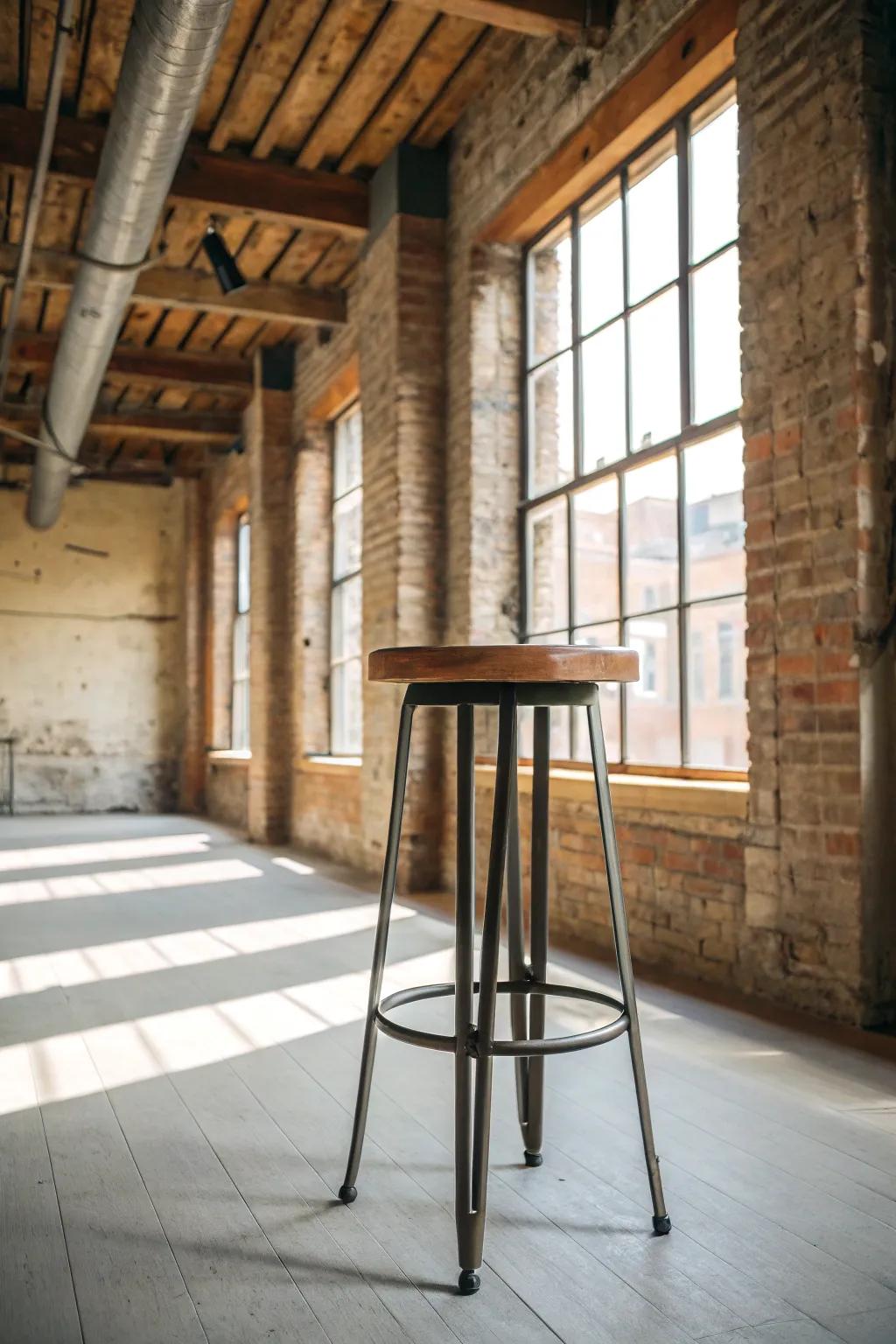 Industrial wooden stool brings a touch of urban sophistication to your home.