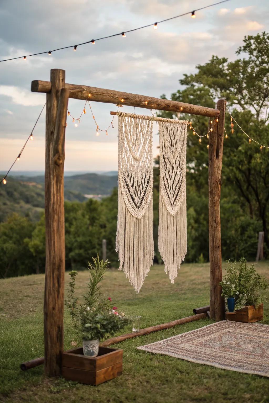 A free-spirited timber display showcasing macram&eacute; hangings that emphasize a laid-back wedding setting.