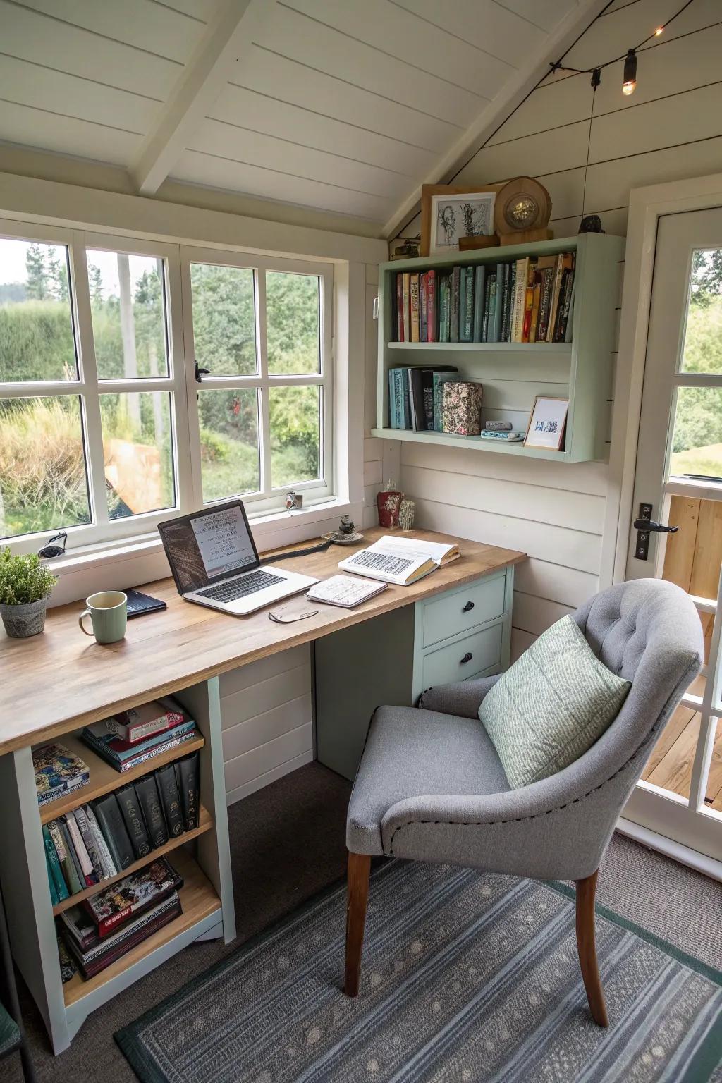 A multi-use writing shed designed for both work and relaxation.