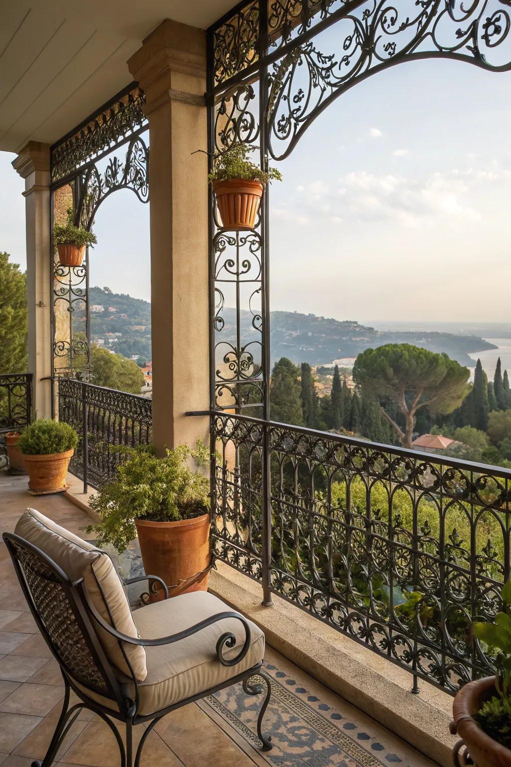 Forged metal railings gracefully define your patio area.