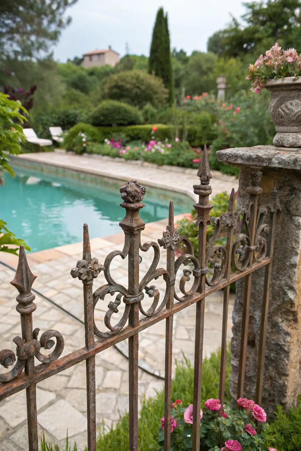 A vintage-style metal rod barrier adds a nostalgic touch to this poolside.