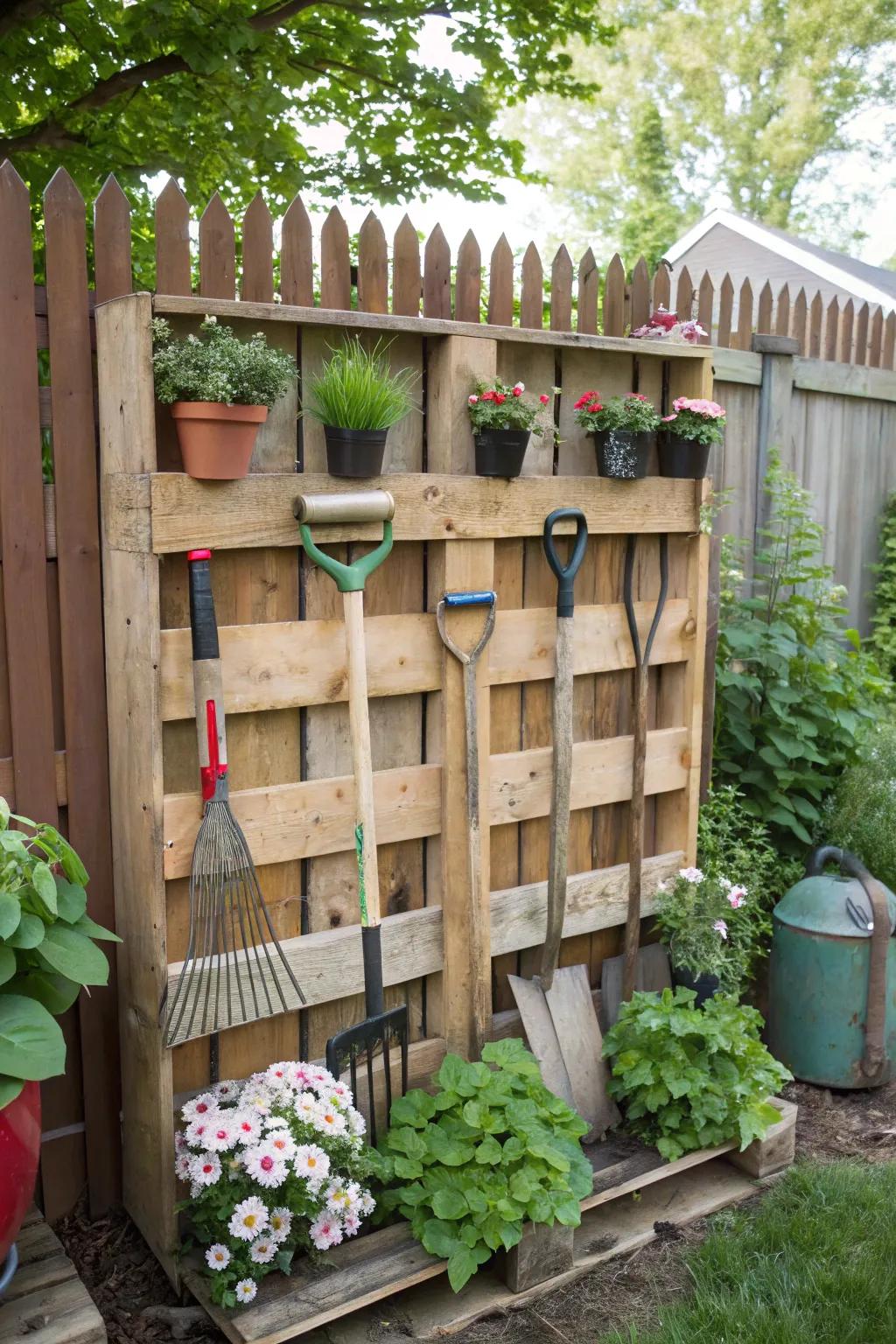 Rustic beauty with repurposed pallet tool storage.