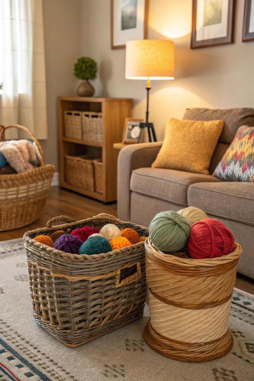 Wicker baskets offer a rustic yet orderly yarn storage option.
