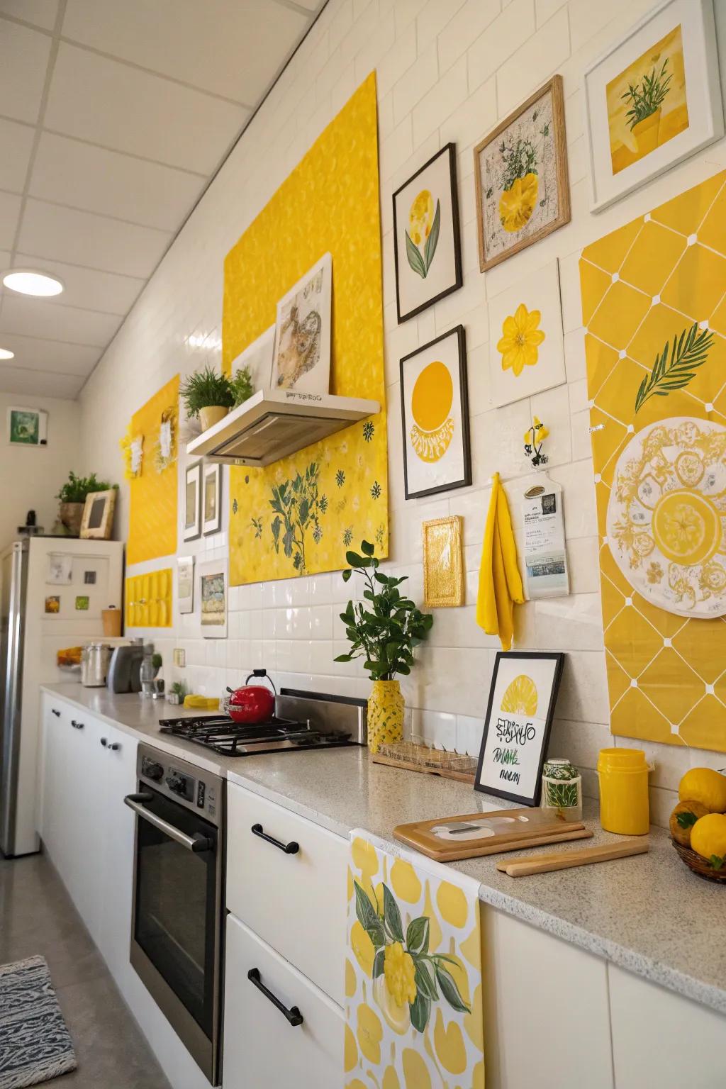 Yellow wall art enlivens the kitchen décor with personality and vibrancy.