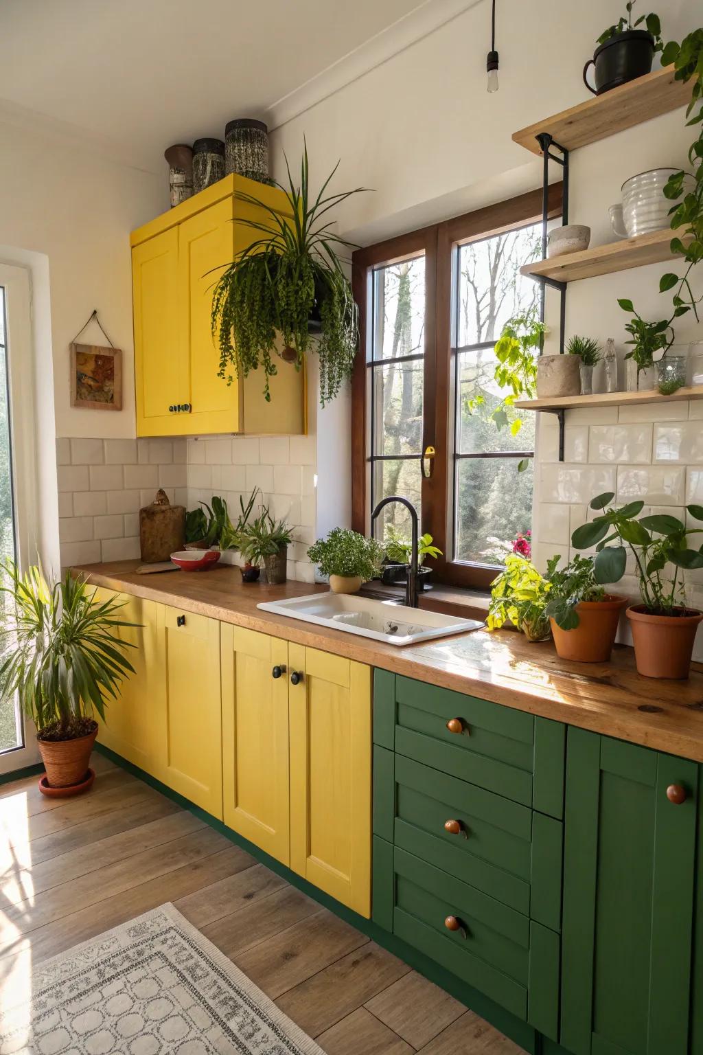 A vibrant mix of yellow and green brings nature into the kitchen.