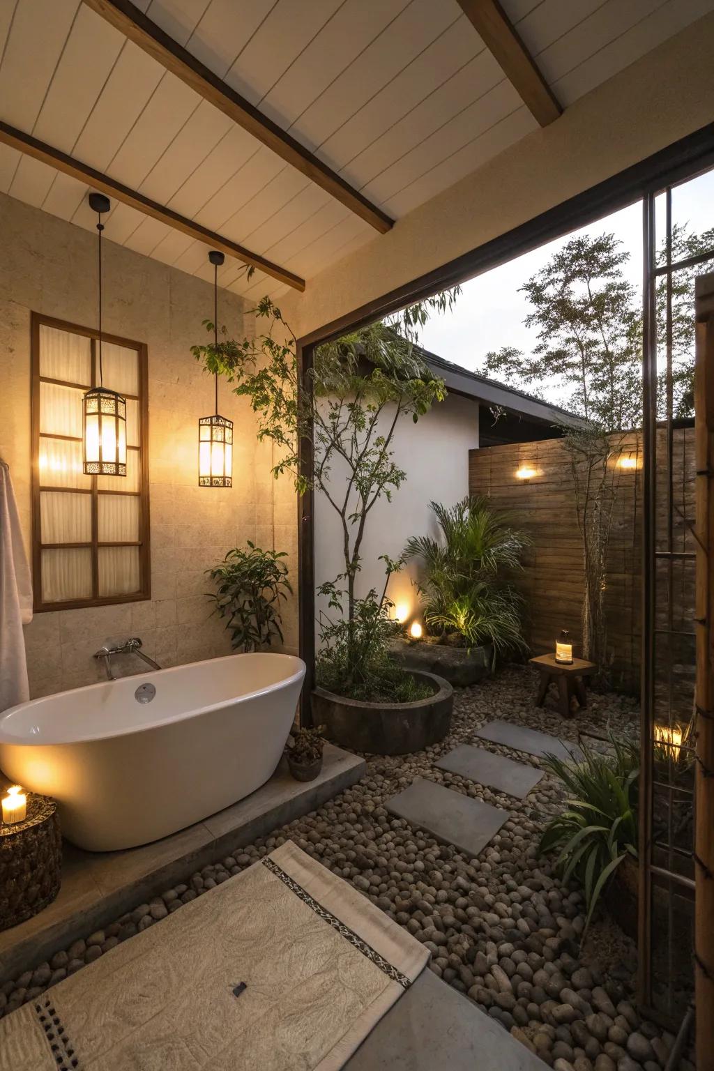 Gentle illumination transforms the bathroom into a peaceful retreat.