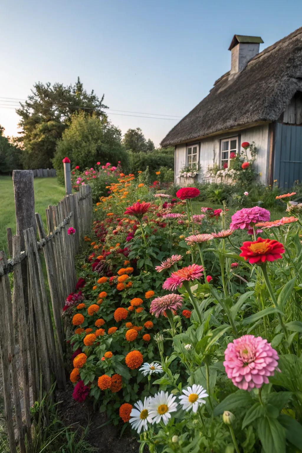 A charming quaint garden brimming with 'Blooms of Joy', towering blossoms, and daisies.