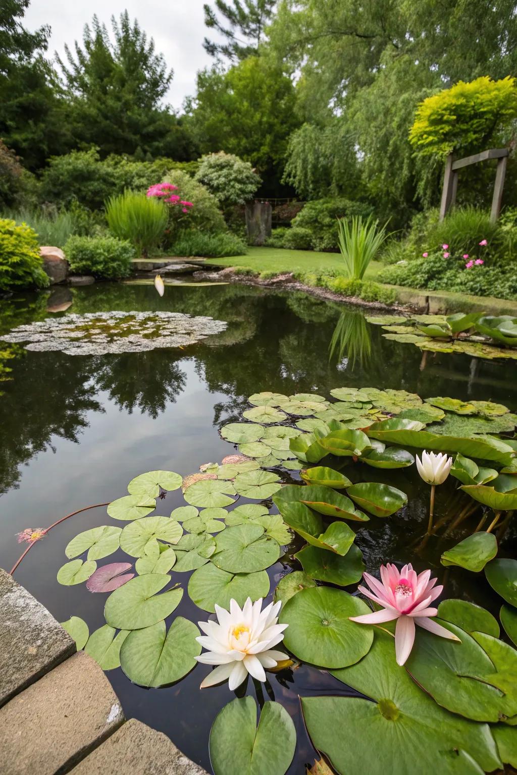 A serene pond adding a touch of peace to the backyard.