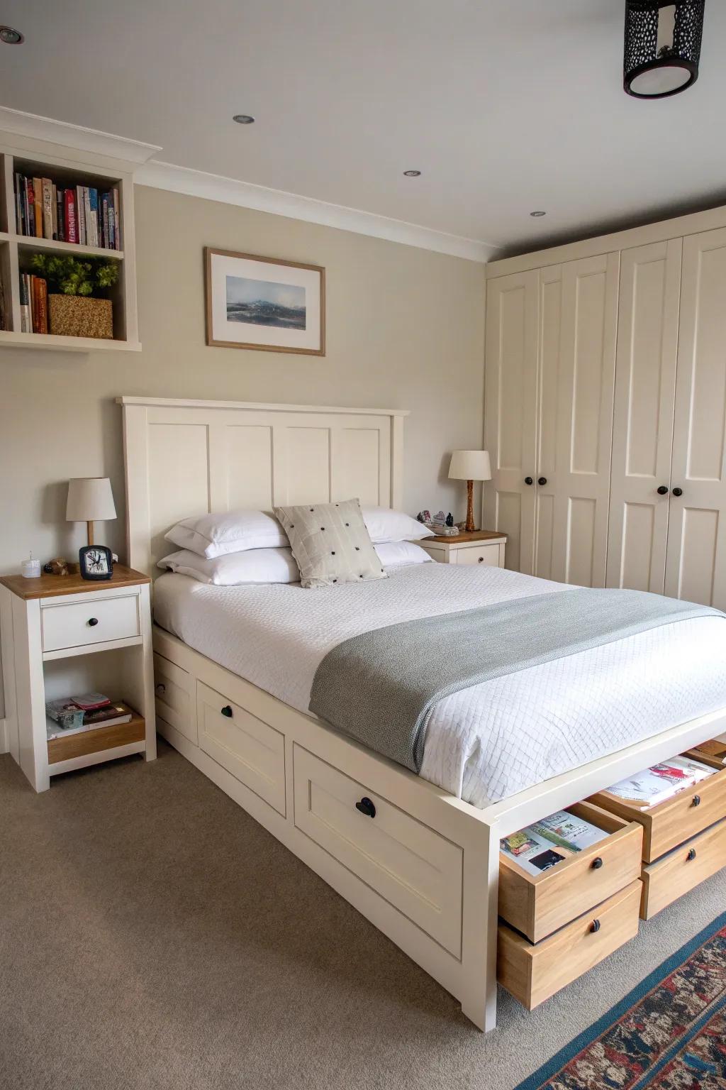 Multifunctional furniture saves space and provides utility.
