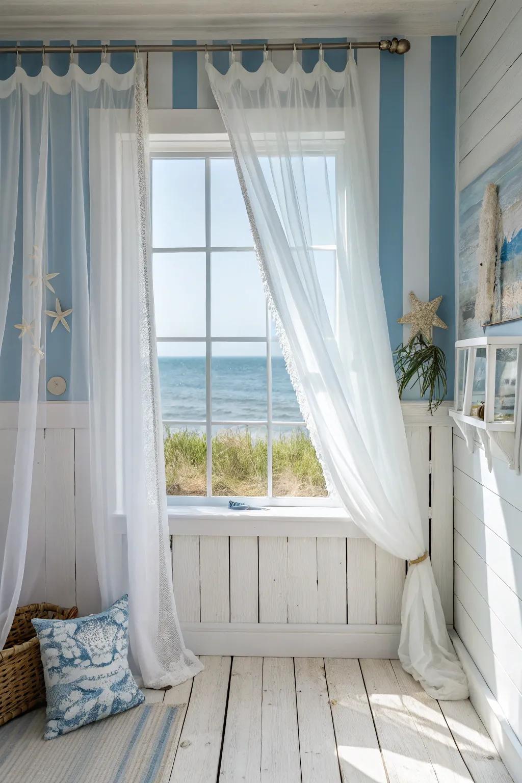 Pale washed trim enhances a seaside attraction to your decorating.