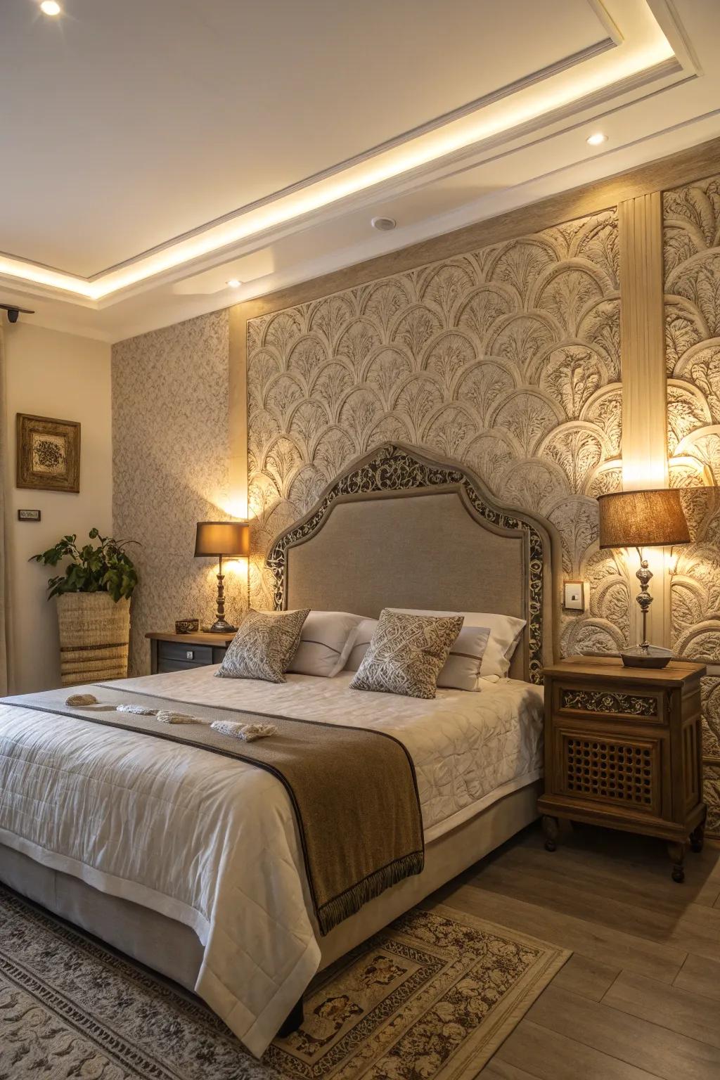 Textured walls and headboards enhance bedroom coziness.
