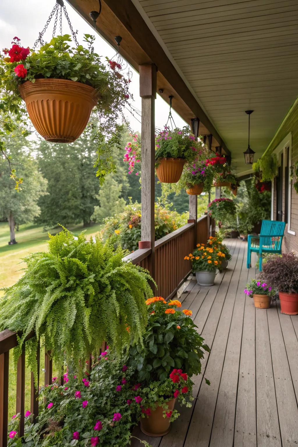 Vibrant foliage enhancing the porch's natural atmosphere.