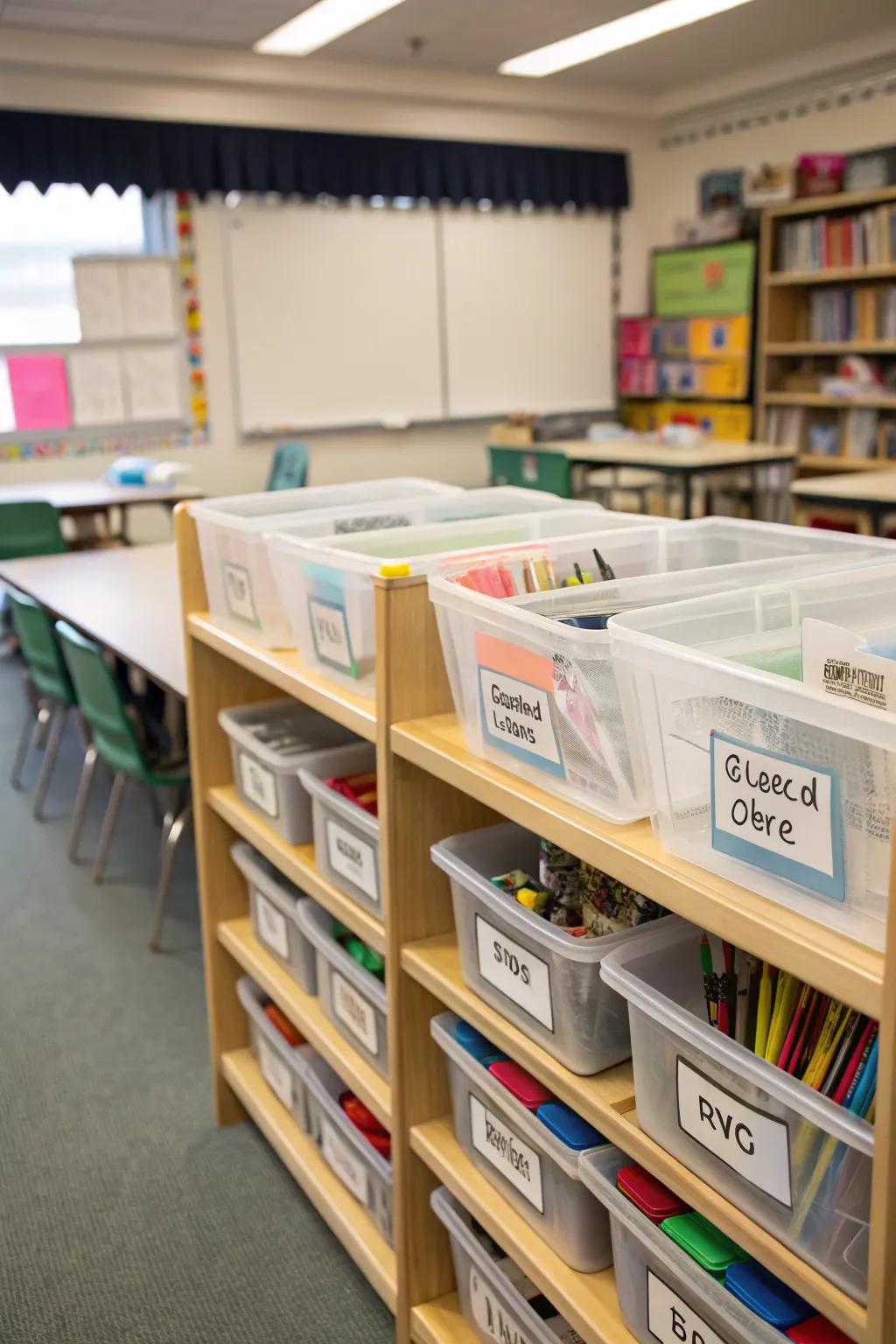 A well-organized classroom storage area encouraging independence
