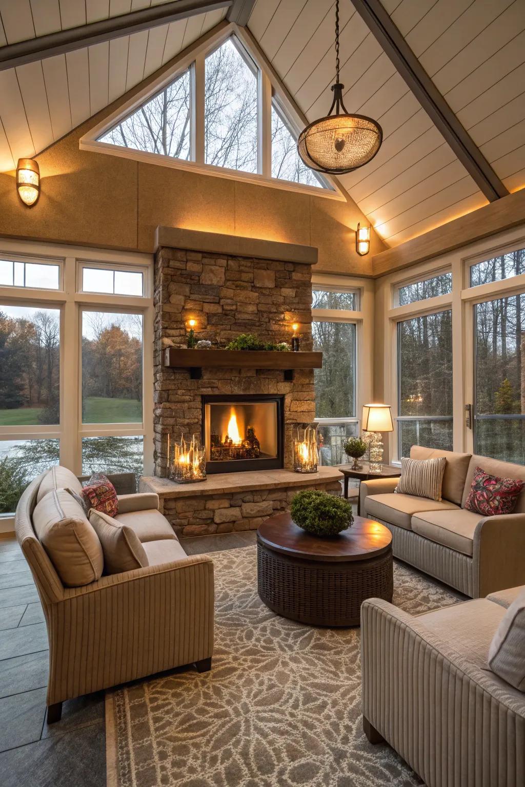 A warm and welcoming fireplace in a four season room.