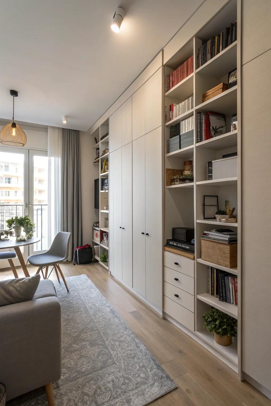 Make use of vertical storage to maintain an organized and spacious studio.