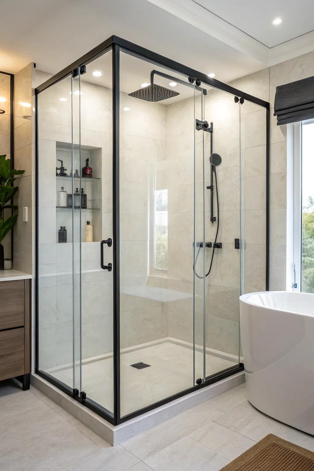 A tinted shower screen enriches the depth and style of a small bathroom.