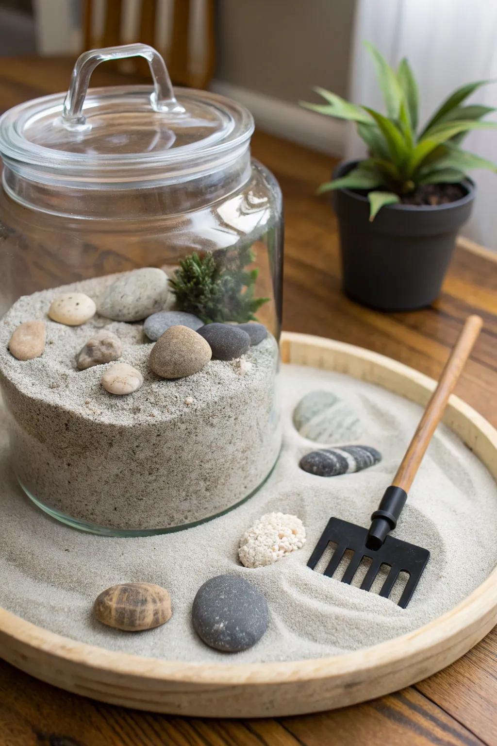 A calming calming space terrarium showcasing sand and stones.