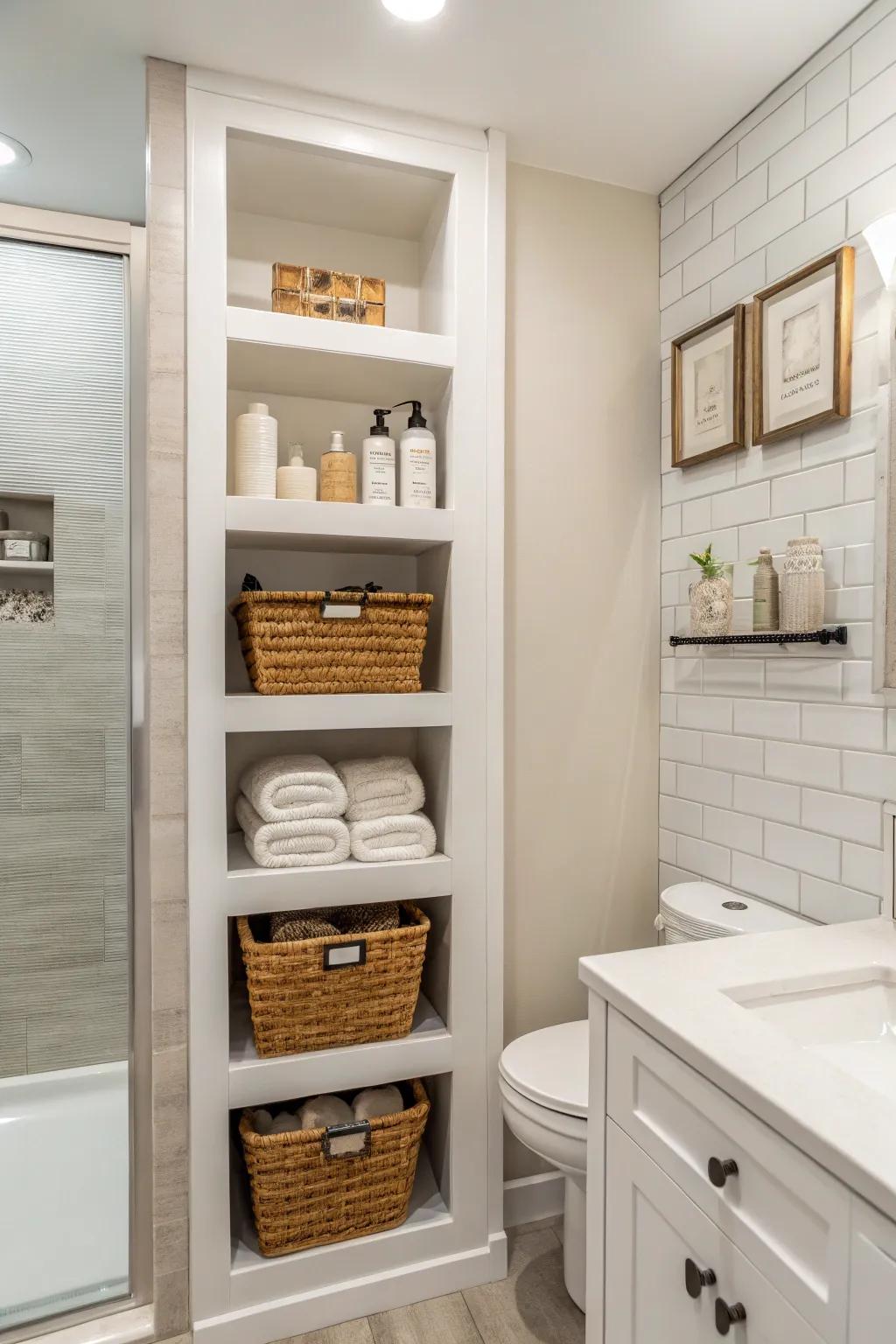 Wall niches offer functional storage without cluttering the area.