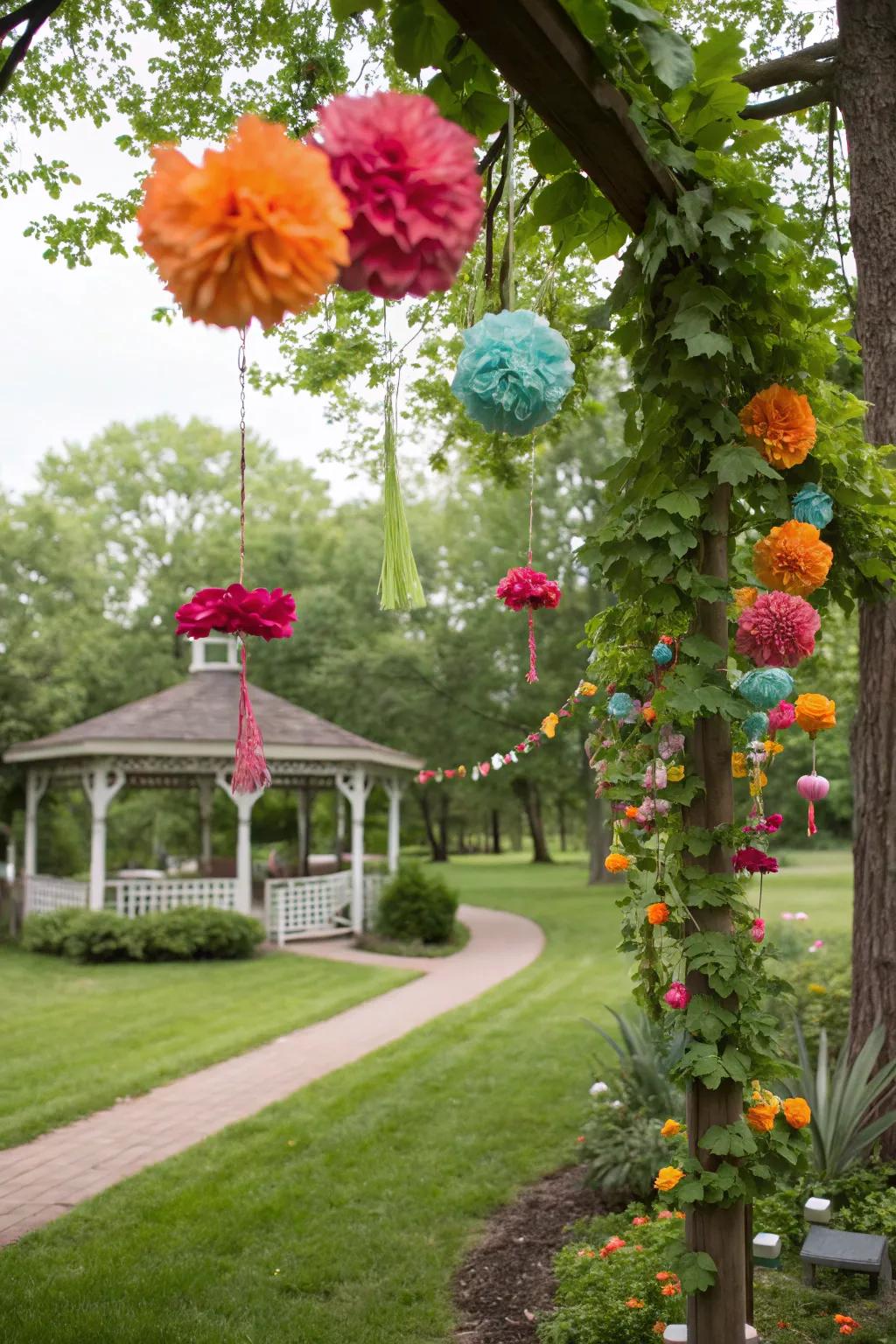 Eco-friendly paper blossoms adding color to a garden celebration.