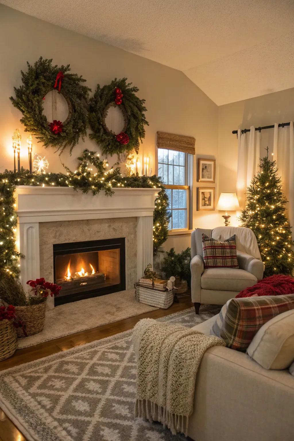 Seasonal décor above the hearth maintains a festive and inviting space.