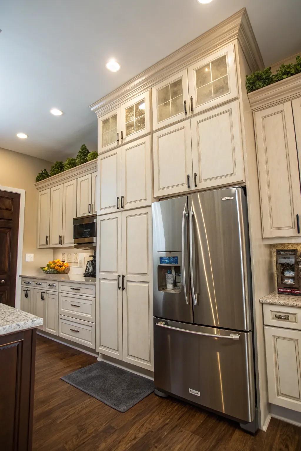 The depth and texture from varied cabinet heights enrich kitchen design.