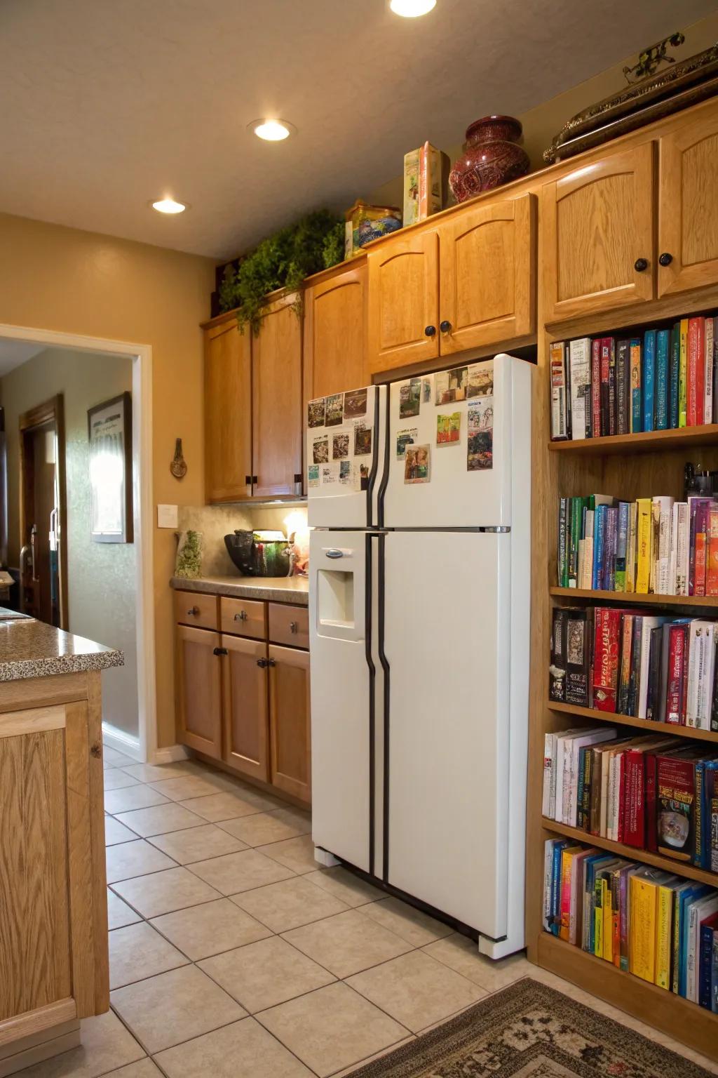 Store your cookbooks above the fridge for convenient retrieval.