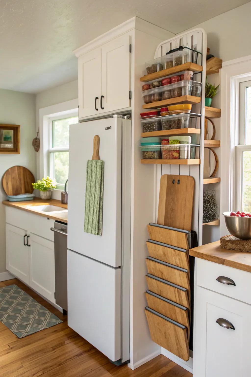 Upright organizers ensure trays and cutting boards are neatly stored and accessible.