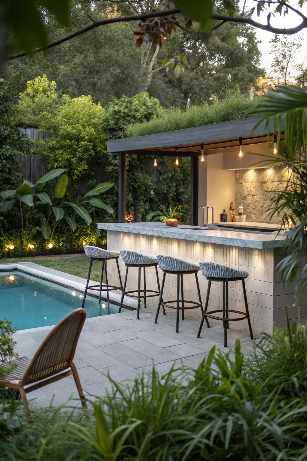 Comfortable seating enhances the enjoyment of your poolside bar.