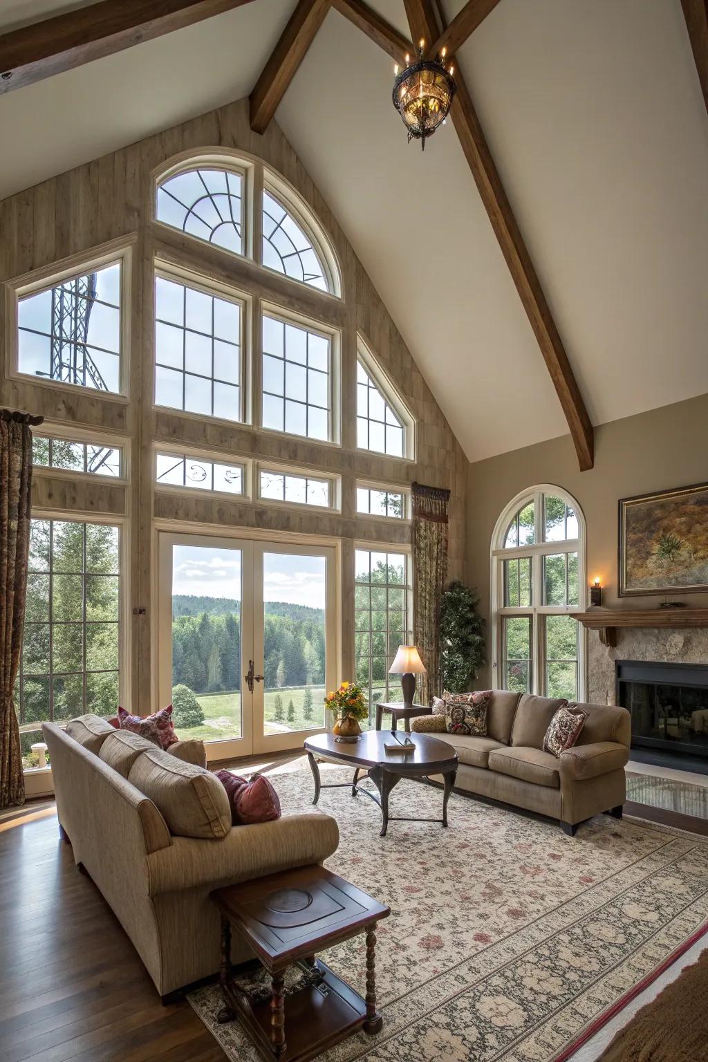 Vaulted ceilings create an expansive and airy feel in this lounge.