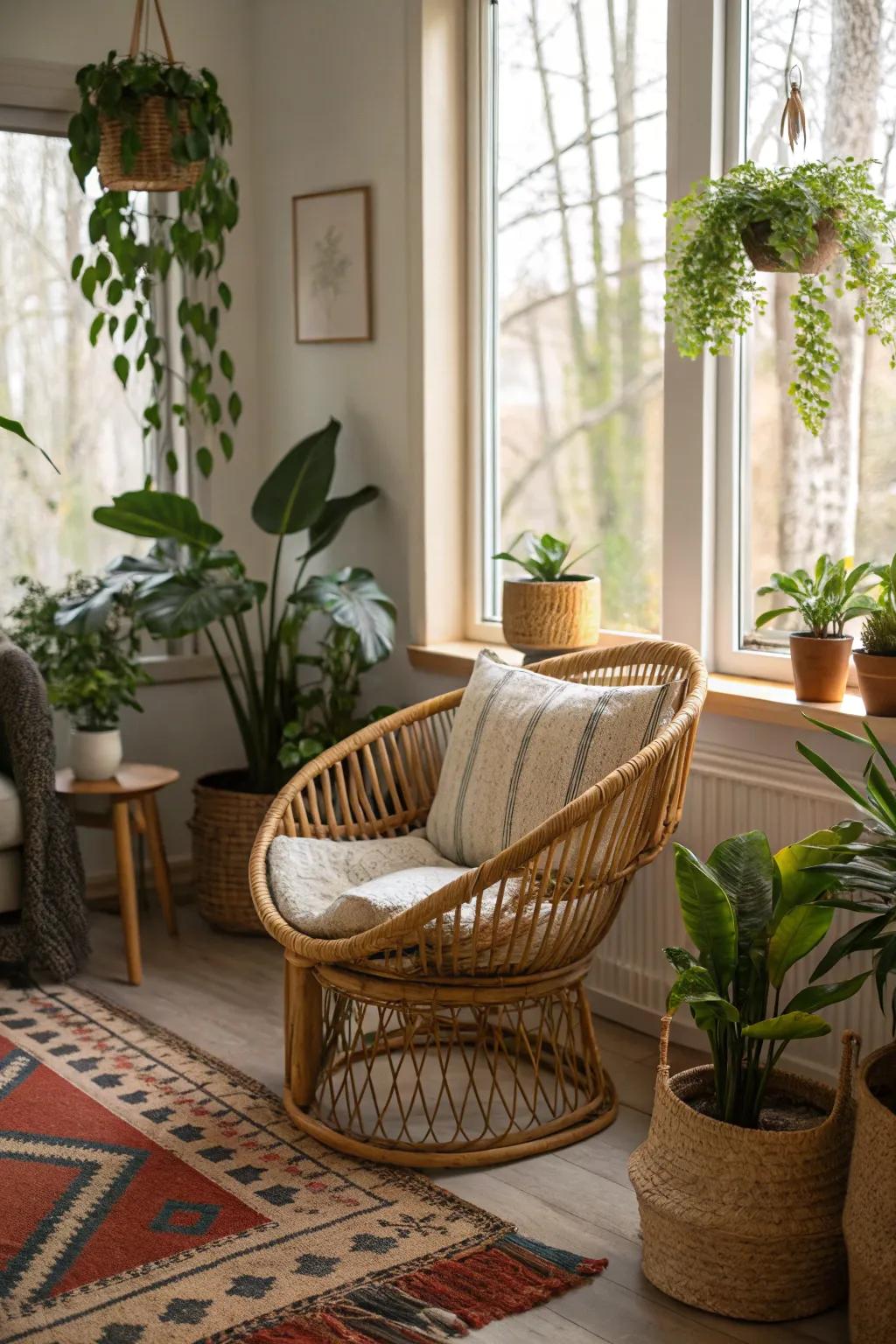 A rattan chair paired with greenery brings natural warmth.