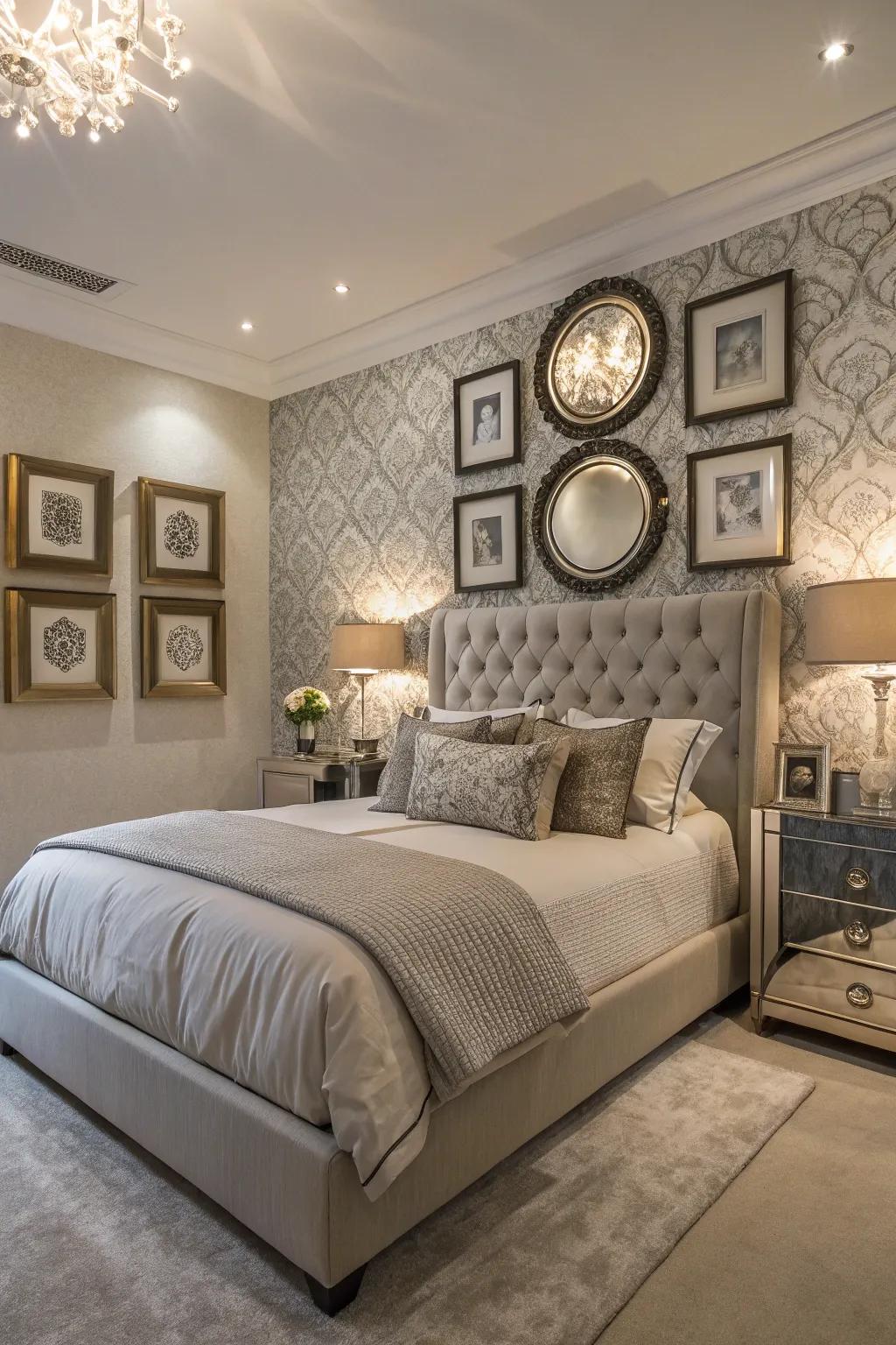 Artwork and mirrors enhance the feature wall, adding character to the bedroom.