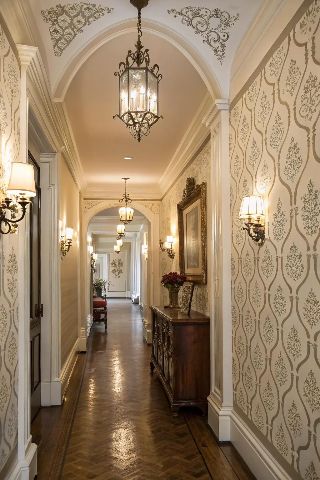 An elegant hallway featuring a refined patterned accent wall.