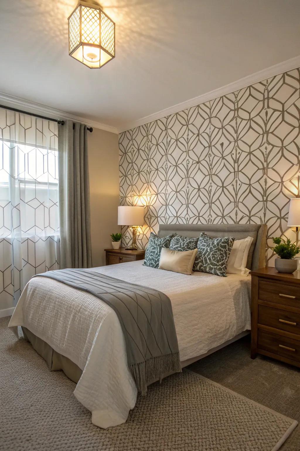 A guest room featuring a geometric patterned wallpaper accent wall for a playful touch.