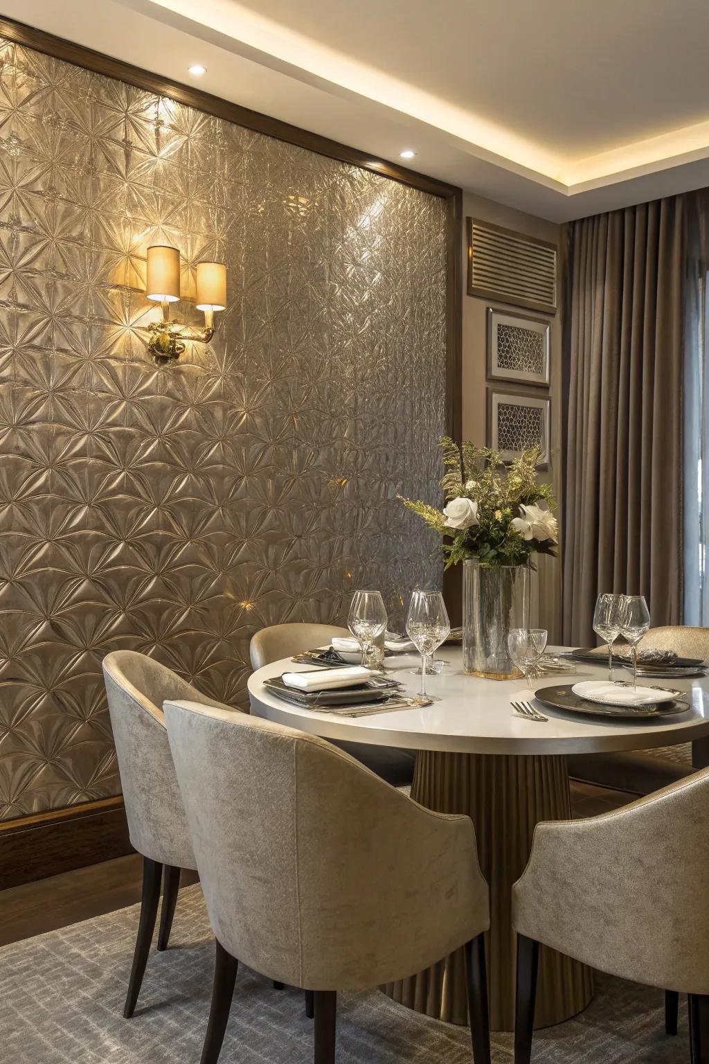 Textured wallpaper enriches the dining room with a luxurious touch.