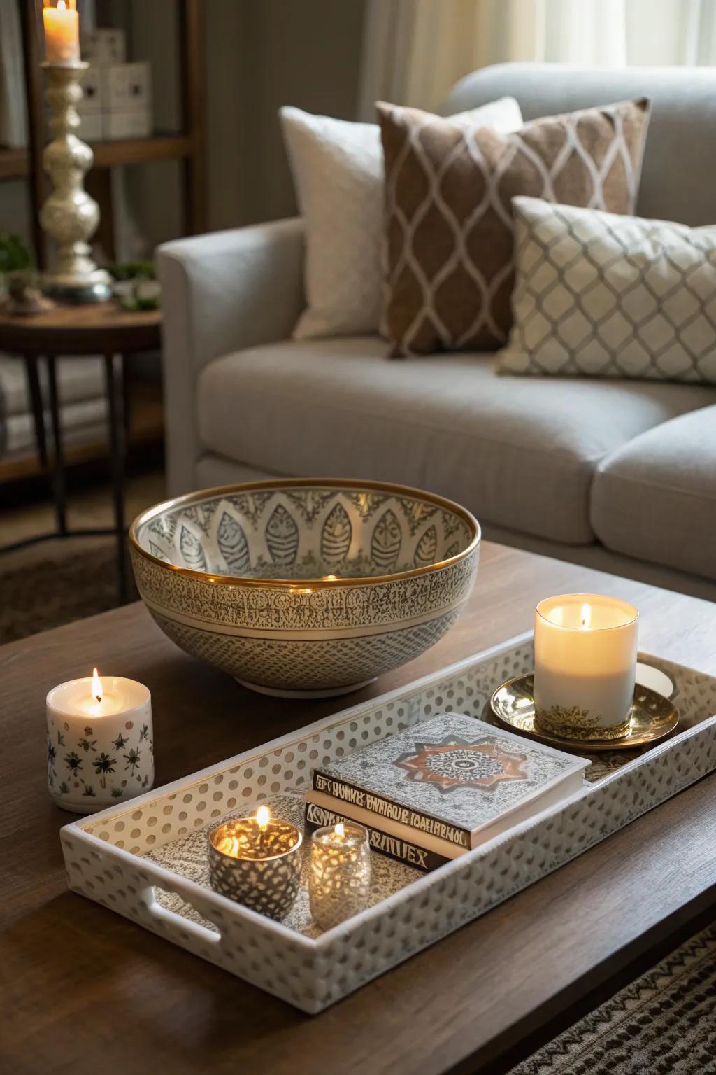 Organize fashionably using ornamental receptacles and surfaces.